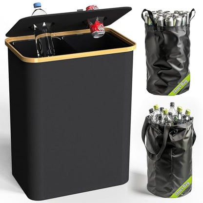 Recycling Bin Kitchen Indoor Home 40 Gallon 156L Recycle Bin with Lid 2 Removeable Reusable Inner Bag Bottle Can Glass Waste Plastice,Big Black - size: Black-40Gallon