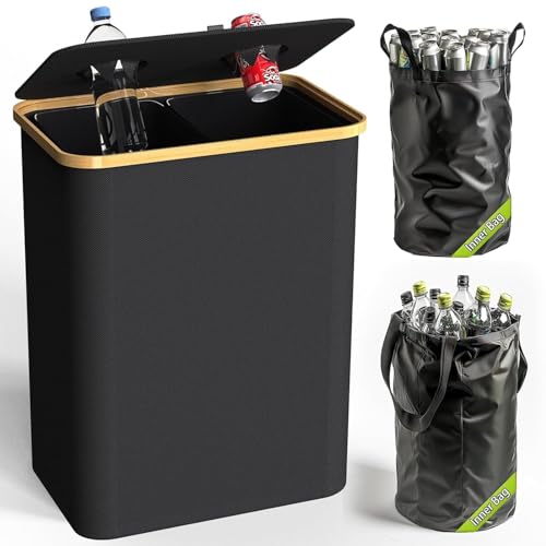 Recycling Bin Kitchen Indoor Home 40 Gallon 156L Recycle Bin with Lid 2 Removeable Reusable Inner Bag Bottle Can Glass Waste Plastice,Big Black - size: Black-40Gallon