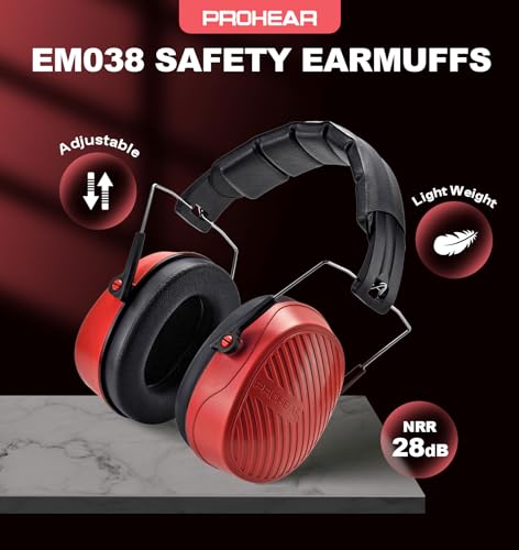 PROHEAR 038 Ear Protection Safety Earmuffs for Mowing, 28dB Noise Reduction Passive Hearing Protector, Compact Foldable Headset for Shooting Construction Power Tools, Red - color: Red