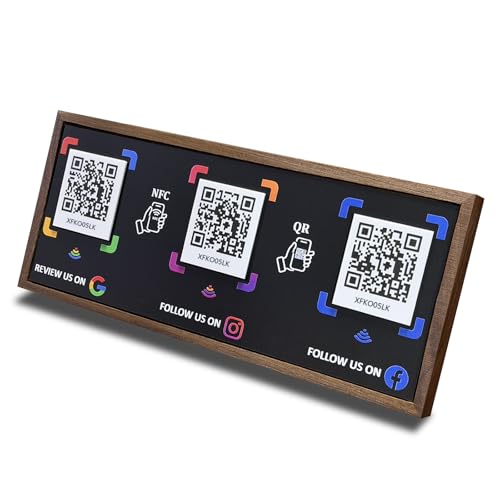 Walnut NFC Business Sign with 3 QR Codes – Tap & Scan to Connect, Compatible with Google Review, Instagram, Facebook Follow, No App, No Monthly Fee, Editable Links, Desk Display for Small Business