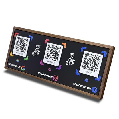 Walnut NFC Business Sign with 3 QR Codes – Tap & Scan to Connect, Compatible with Google Review, Instagram, Facebook Follow, No App, No Monthly Fee, Editable Links, Desk Display for Small Business