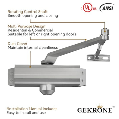 Automatic Door Closer Heavy Duty Fire Prevention Spring Hydraulic Aluminum Alloy Surface Mounted Residential Commercial Grade Door Closer Adjustable Speed Door Weights 55-99 Lbs Size1-Silver - size: Size1 Silver-Door Weight 55-99 Lbs
