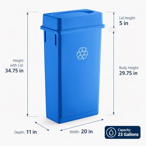 23 Gallon Slim Rectangular Commercial Trash Can, Heavy Duty Plastic Indoor Waste Bin for Kitchen, Office, Restaurant, School, Restroom & Janitorial Use (Blue, with Lid) - color: Blue