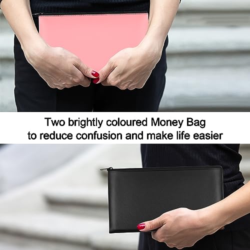 2 PCS Money Bag 11"x6.1", Safe Durable Waterproof Bags With Zipper for Cash, Coin Bank PU Leather Pouch, Bank Bags for Checks, Cosmetics, Bills, Receipts, Tool Storage - color: 1 Pieces Black & 1 Pieces Pink