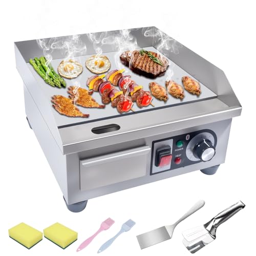 Commercial Electric Griddle, 1500W Countertop Flat Top Grill, 14.2in Stainless Steel Griddle Grill with 2 Shovels and 2 Brushes for Home or Restaurant, 122℉-572 ℉ Adjustable Temp