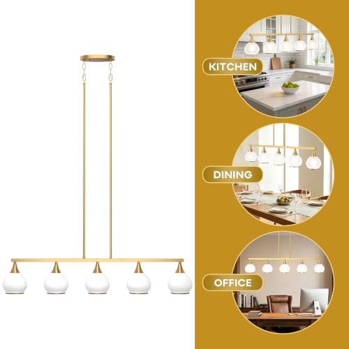 Phaosio Brushed Gold Kitchen Island Linear Pendant Light, 5-Light - color: Gold (White Glass Shades), size: 5-Light
