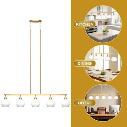 Phaosio Brushed Gold Kitchen Island Linear Pendant Light, 5-Light - color: Gold (White Glass Shades), size: 5-Light