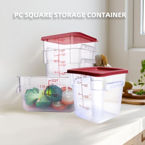 2 Pack Square Food Storage Container With Lid, 2-6 Quart Commercial Storage Box With Scale & Handle, Cake Making, Dough Marinating Meat, Kitchen Supplies (6 Quart) - size: 6 Quart-RED LID & MEASURING LINE