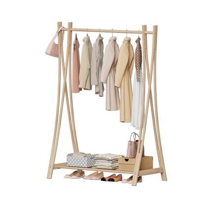 Wooden Retail Display Hanging Clothes Rack with Storage Shelf, 40" W x 57" H Freestanding Heavy Duty Clothing Drying Garment Rack for Hanging Clothes, Coat, Dress, Shirt, Hat - size: 40"W