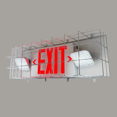 TANLUX Exit Sign Combo with Steel Cage, Square Light Head, Wall Mounted Emergency Exit Light with Protective Wire Guard, Red Exit Sign with Emergency Lights - size: Exit Sign Combo with Square Head