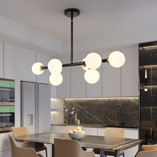 Sputnik Black and Gold Chandelier Pendant Linear Light Modern Mid Century Light Fixture White Globe Shade for Dining Living Room Kitchen Island 8-Light - color: BlackGold-31in
