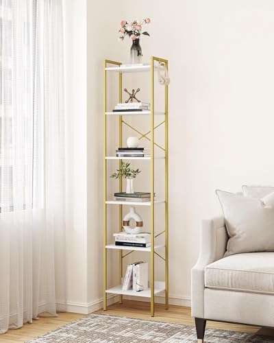 Hzuaneri Bookshelf, Book Shelf, Industrial Bookcase with 2 Hooks - color: White Gold, size: 9.4"D x 15.4"W x 72.8"H