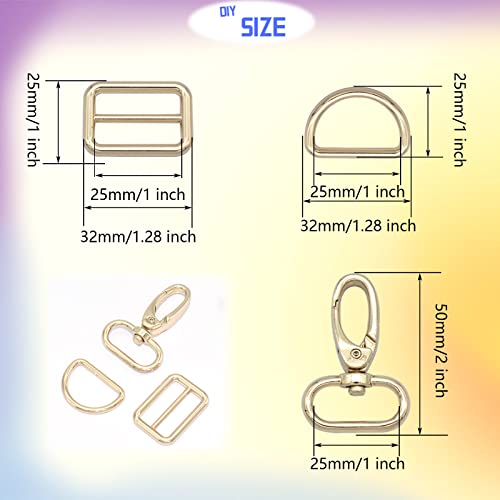 Rainbow Swivel Hook Claw Clasp - 25mm Slide Strap Buckle D Ring Adjuster Buckle for Dog Collar Backpack Purse Hardware - color: Light Gold 5 Sets