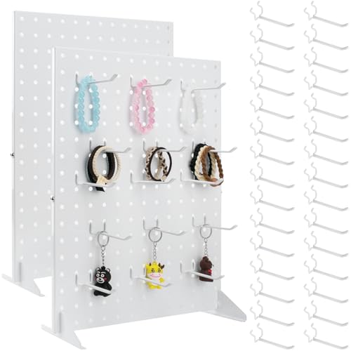 2 Pcs Metal Pegboard Display Stand with 30 Peg board Hooks, Tabletop Pegboard Shelf for Craft Shows & Fairs, Retail Stores, Vendors Arts and Crafts Finishing - 17x13Inch & White - color: White&2