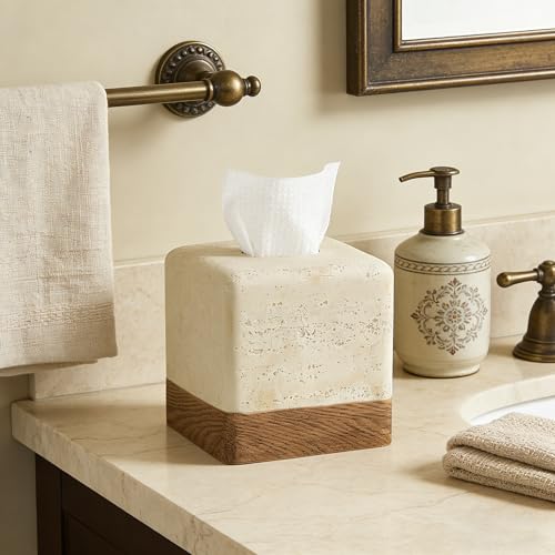 Natural Travertine Look Match Wooden Square Tissue Box Cover for Home Decor - color: A-travertine&wooden, size: B-Boho