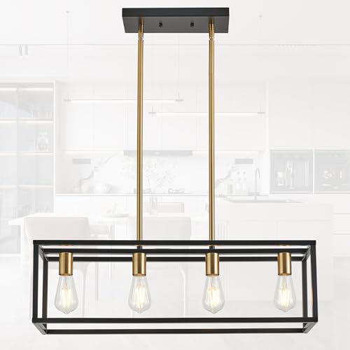 Black&Brushed Brass Kitchen Light Fixtures Farmhouse Rectangle Chandeliers Dining Room Light for Dining Rooms, Light Fixture Matte 4-Light Industrial Pendant Lighting - color: Black&Brass, size: 4 Lights