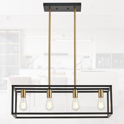Black&Brushed Brass Kitchen Light Fixtures Farmhouse Rectangle Chandeliers Dining Room Light for Dining Rooms, Light Fixture Matte 4-Light Industrial Pendant Lighting - color: Black&Brass, size: 4 Lights