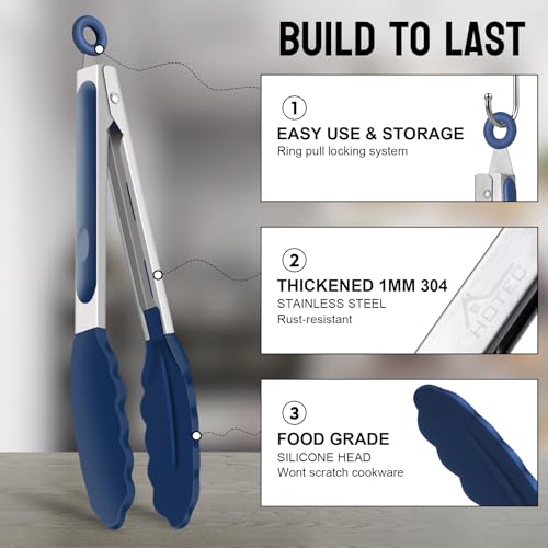 HOTEC Stainless Steel Kitchen Tongs with Silicone Tips, Set of 2-7" and 9" - color: Classic Blue:9+7inch