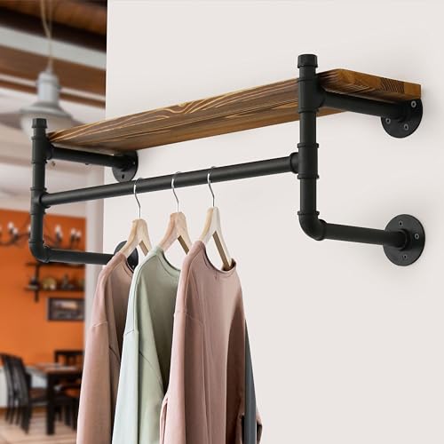 WEBI Wall Mounted Clothes Rack with Shelf,24" Industrial Pipe Clothing Rack with Shelves,Heavy Duty Iron Garment Bar,Retail Display Clothes Rod for Laundry Room,Black - color: Black, size: 24 Inch