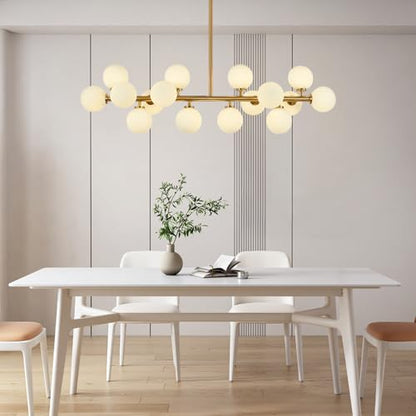 KCO Lighting Modern Glass Linear Pendant Light White Globe Chandelier Light Fixture Gold Rectangle Chandelier 16 Light Brass Globe Sputnik Dining Room Chandelier Mid Century Pendant Light - color: 16 Light-Gold