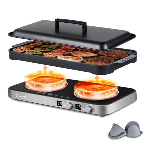 AMZCHEF Double Induction Cooktop, 1800W 2 Burner with Griddle Pan, Grey - color: Iron Grey