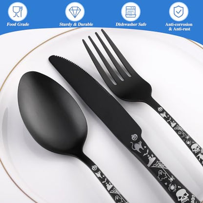 Skull Silverware Set SANLUNS 40 Piece Matte Black Unique Flatware Set for 8,Stainless Steel Fine Dining Utensils Spoons,Forks,Knife Pattern Tableware Durable Cutlery Halloween Home Kitchen,Dishwasher - color: Matte Black-Halloween/40picecs