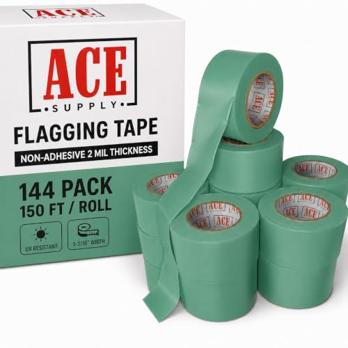 ACE Supply Green Flagging Tape 144 Pack - Non-Adhesive Survey Tape - 1-3/16 Inch Width, 150 Ft Length, 2 Mil - Tree Marking Ribbon, Surveyors Ribbon - color: Green, size: 144 Pack