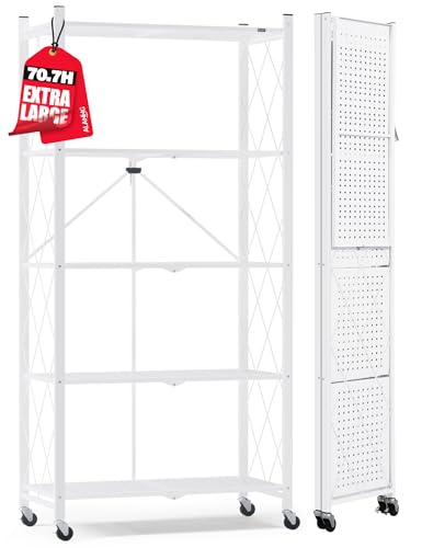ALANNG 70.7" H Metal Storage Shelves, 5 Tier Folding Shelf on Wheels - color: White