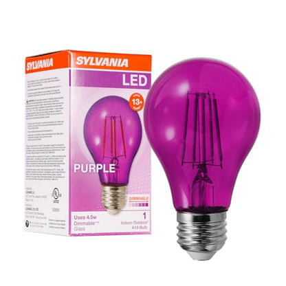 LEDVANCE Sylvania LED Purple Glass Filament A19 Light Bulb, Dimmable, Efficient 4.5W, E26 Medium Base, 1 Pack - color: Purple, size: 1 Count (Pack of 1)