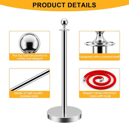 LOVMOR Crowd Control Stanchion, Rope Safety Barriers with 5 ft Red Rope, Red Carpet Poles for Theaters Hotels Clubs Party Ceremony, 4PCS - color: Silver-4pack