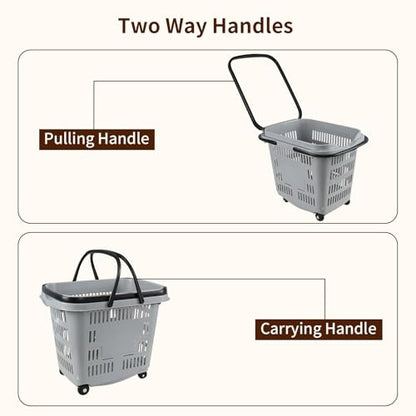 50 L Plastic Rolling Shopping Basket with Handles, 4 PCS
