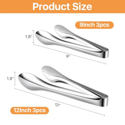 6 Pack Polished Stainless Steel Kitchen Tongs Set, 9 and 12 Inch Metal Food Serving Tong for Buffet Salad BBQ Grilling, Kitchen Utensils for Parties, Catering, Restaurants,Home Entertaining