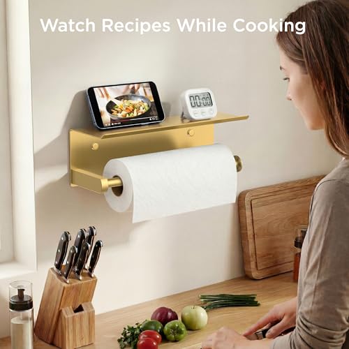 FORIOUS Wall Mount Paper Towel Holder with Shelf for Kitchen, Brushed Gold - color: Brushed Gold