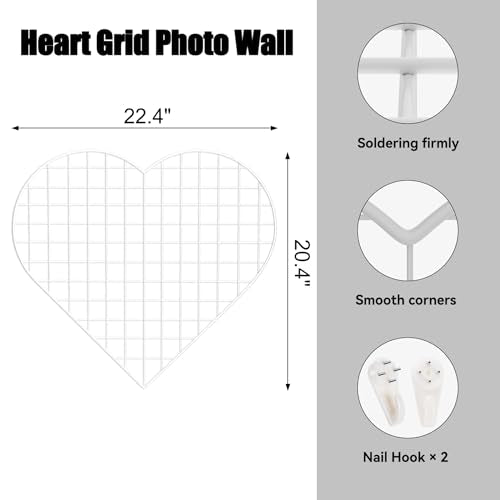 ECLENYES Grid Photo Wall Panels - 22.4"x20.4" Heart Shape Iron Rack Art Wire Board, Wall Grid Organizer, DIY Photo Frame for Home, Office, Kitchen, Bedroom, Christmas Gifts - White - color: White