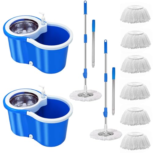 Spin Mop and Bucket with Wringer Set, 360° Spin Mop & Bucket Floor Cleaning System Mop Bucket with 61" Adjustable Extended Handle 3 Replacement Microfiber Refills, Set of 2 - color: Blue-2