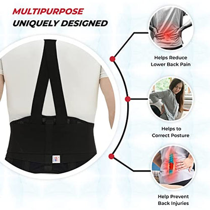 MAXAR Industrial Back Brace for Work, Adjustable Double Pull & Removable Suspenders/Straps, Ideal for Lumbosacral Back Pain Relief & Heavy Lifting, 8" Wide, Unisex (Black, X-Large) - size: X-Large