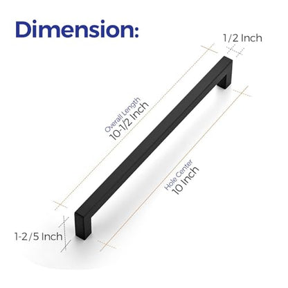 Ravinte Matte Black Cabinet Handles Square Pulls 10 Inch 10 Pack - size: 10-1/2 Inch (10 Inch Hole Center)