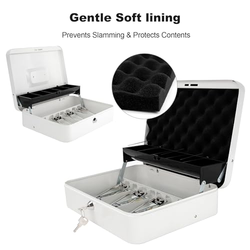 Cash Box with Key Lock & Foam Auto-Pop Coin Tray – Secure Steel Money Box with 4 Upgraded Finger-Safe Bill Clips, Premium Smooth Scratch-Resistant Coating, 11.8"L x 9.5"W x 3.5"H, KL White - color: KL White