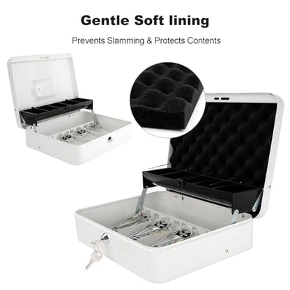 Cash Box with Key Lock & Foam Auto-Pop Coin Tray – Secure Steel Money Box with 4 Upgraded Finger-Safe Bill Clips, Premium Smooth Scratch-Resistant Coating, 11.8"L x 9.5"W x 3.5"H, KL White - color: KL White