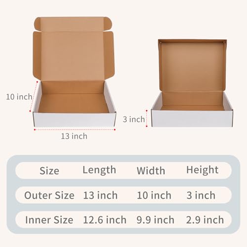 Fishat 13" x 10" x 3" White Corrugated Cardboard Shipping Boxes Set of 25 - size: 13" x 10" x 3"