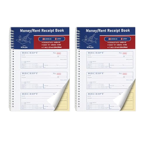 2 Pcs Money Rent Receipt Book,7.9x11.22 Inches,Receipt Book with Carbon Copies,2 Part Carbonless,Cash Receipt Book,200 Sets per Book - size: 7.9x11.22 inches, style: 2Pcs-2Part