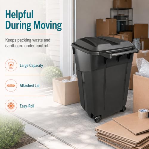 45-Gallon Outdoor Wheeled Trash Can with Attached Lid, Black - size: 45