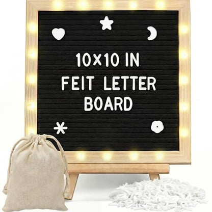 10 x 10 Inches Felt Letter Board & LED Light, Black, Natural Wood - color: Black, size: 10 x 10 Inches, style: Natural Wood