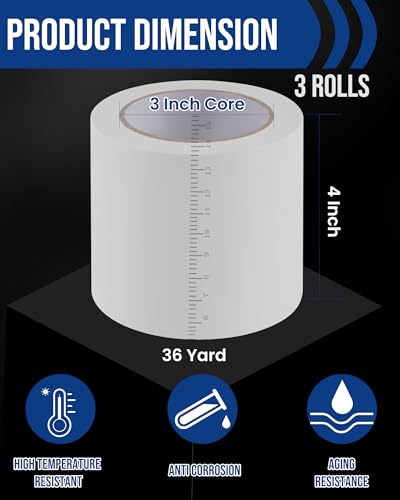 Lichamp 3 Rolls Vinyl Tape, 4" x 36 Yards per Roll, 108 Total Yards, White - color: White