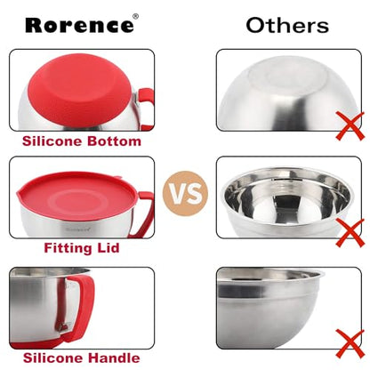 Rorence Stainless Steel Mixing Bowls: Metal Mixing Bowl Set with Lids and Handles Non-slip Silicone Bottom Nesting Bowls for Kitchen Set of 3 - Red - color: Red