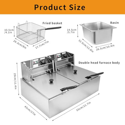 Commercial Deep Fryer 21Qt Dual Tank Deep Fryers with Baskets Food Grade Stainless Steel Electric Countertop Fryer with Adjustable Temperature, 1700wx2, 110v