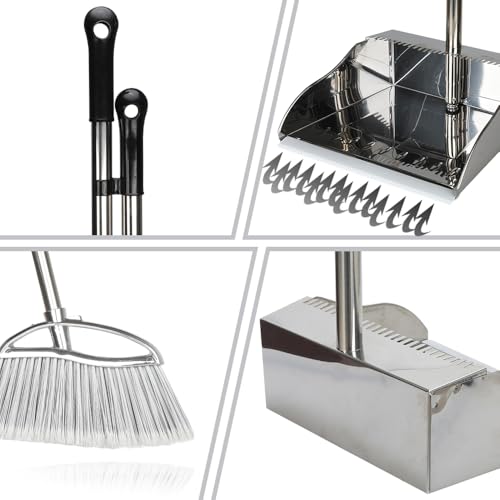 Outdoor Broom and Dustpan Comb Set,Heavy Duty Stainless Steel Metal Dust Pan with Long Handle Commercial Stiff Bristles Broom for Home Garage Garden Patio - style: Outdoor Broom and Dustpan
