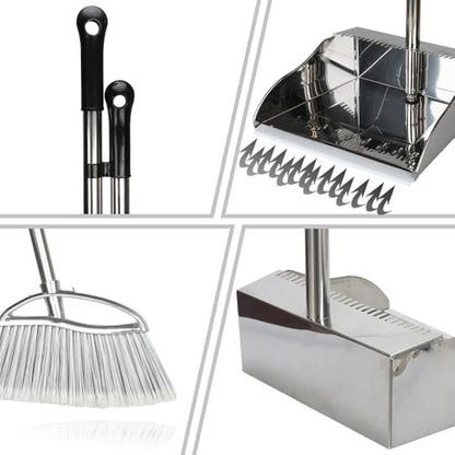 Outdoor Broom and Dustpan Comb Set,Heavy Duty Stainless Steel Metal Dust Pan with Long Handle Commercial Stiff Bristles Broom for Home Garage Garden Patio - style: Outdoor Broom and Dustpan