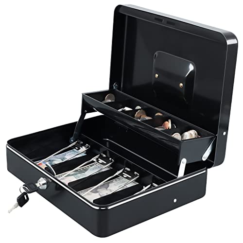 xydled Cash Box with Key Lock, Metal Money Box, Safe Storage box, Black - color: Black Key Lock