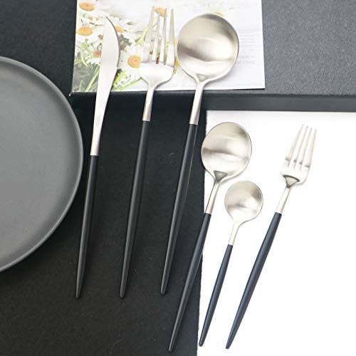 JASHII 18/10 Black Handle Flatware Silver Silverware Set 304 Stainless Steel Flatware Cutlery Set| 24-Piece Adaline Royal Modern Satin Finish| BEST Birthday Wedding Gift (Black Handle Silver 4 Sets) - color: Black/Silver, size: Service for 4